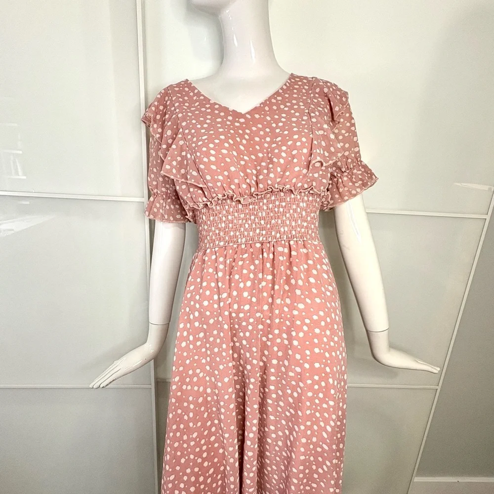 🎀 Coquette Romantic Dusty Rose Smocked Picnic Midi Dress Flutter Sleeve Sz M - Picture 7 of 7